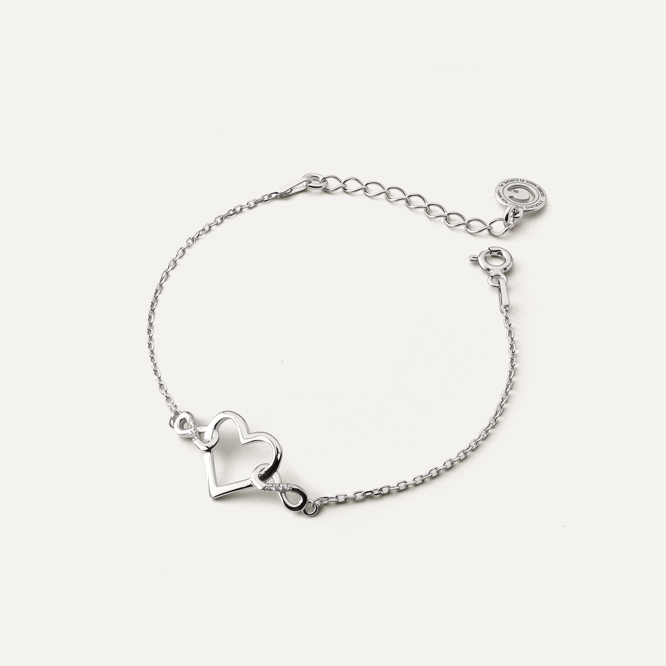 Armband mit Ankerkette, Herz und Unendlichkeit, Silber 925 mit Platin beschichtet
