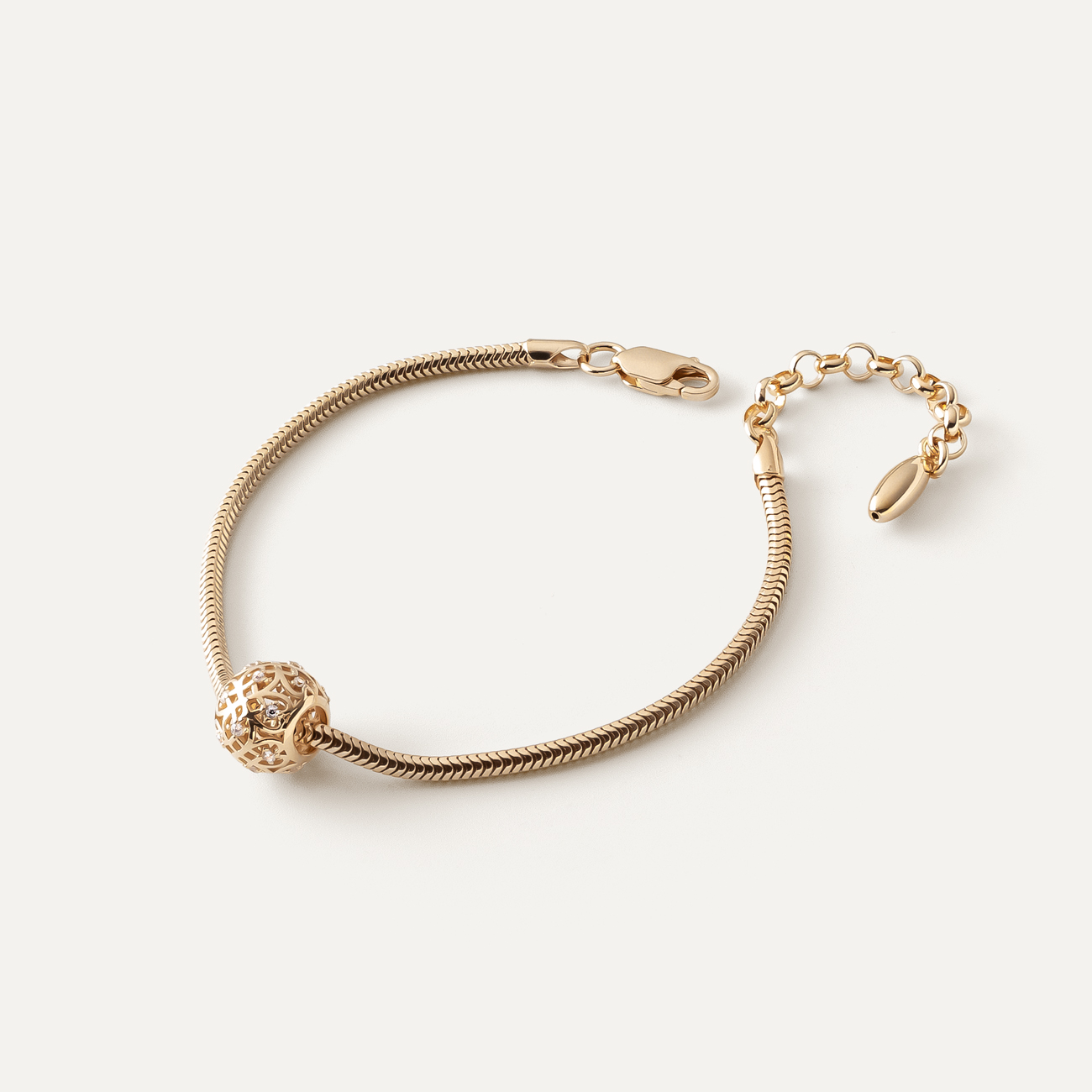 Slim bracelet with filigree bead, Sterling Silver 925, gold plated