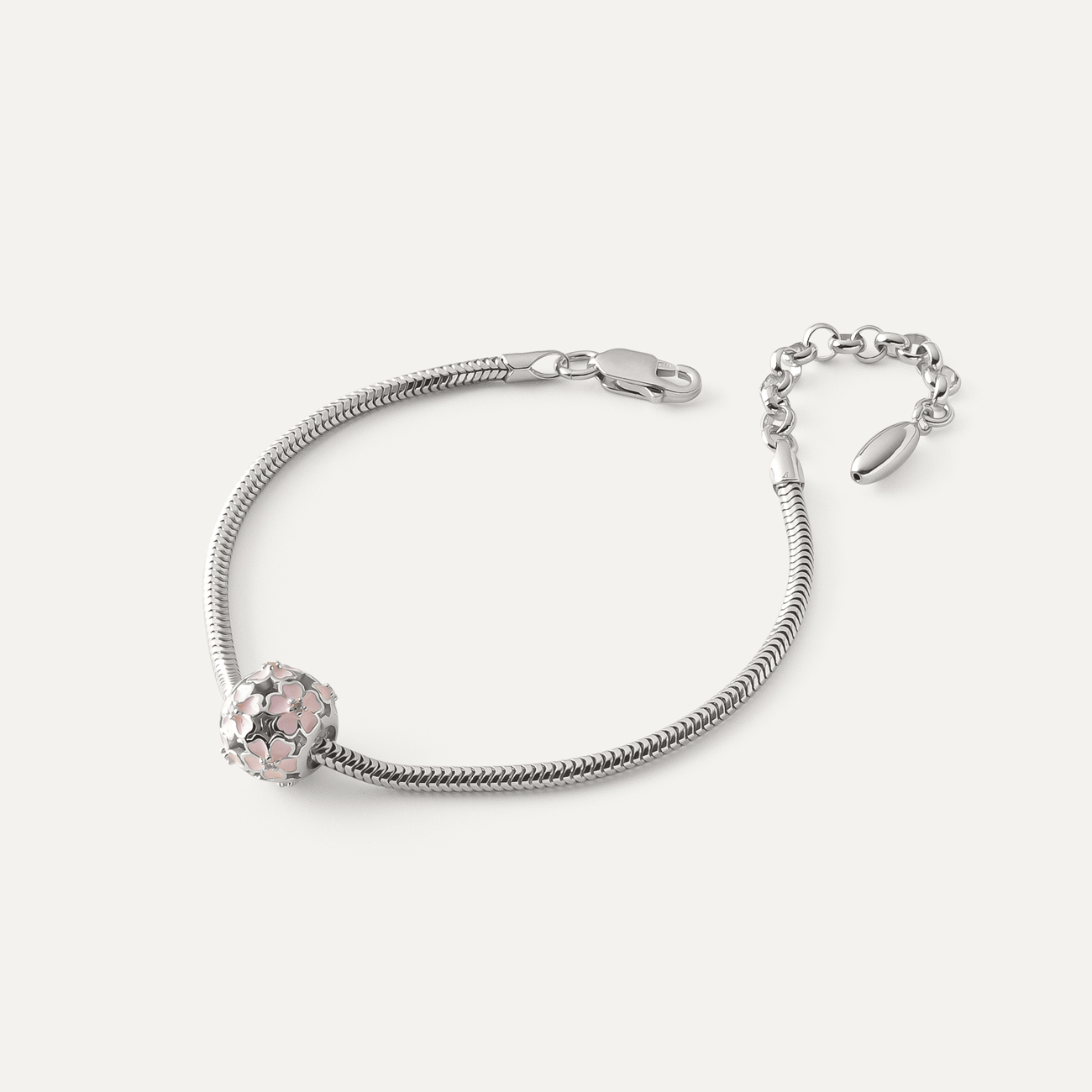 Slim-Armband mit ajour-Kugel mit rosa Blumen, Silber 925 mit Platin beschichtet