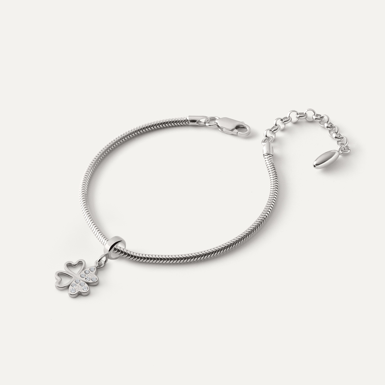 Bransoletka Slim z zawieszką typu beads – koniczynka z cyrkoniami, srebro 925 pokryte platyną
