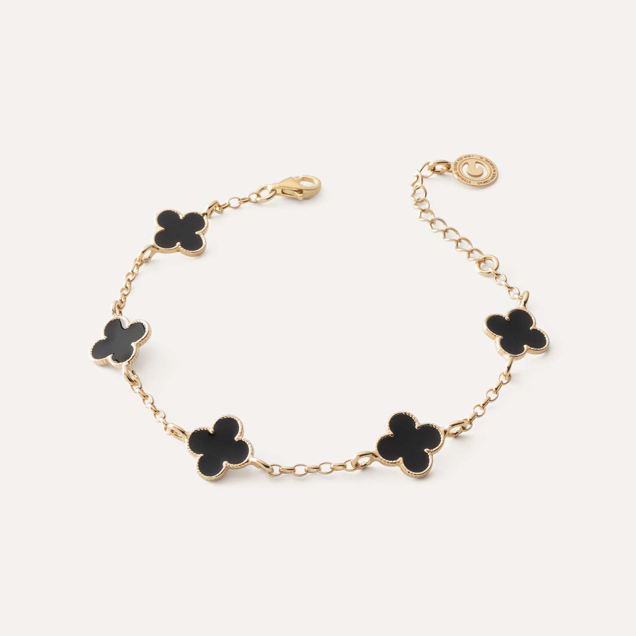 Armband mit fünf Kleeblättern aus schwarzem Harz an Rolo-Kette, 925 Silber mit Goldauflage