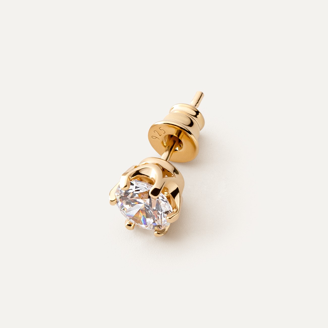 Men's earring 6 mm zirconia, sterling silver 925 gold plated