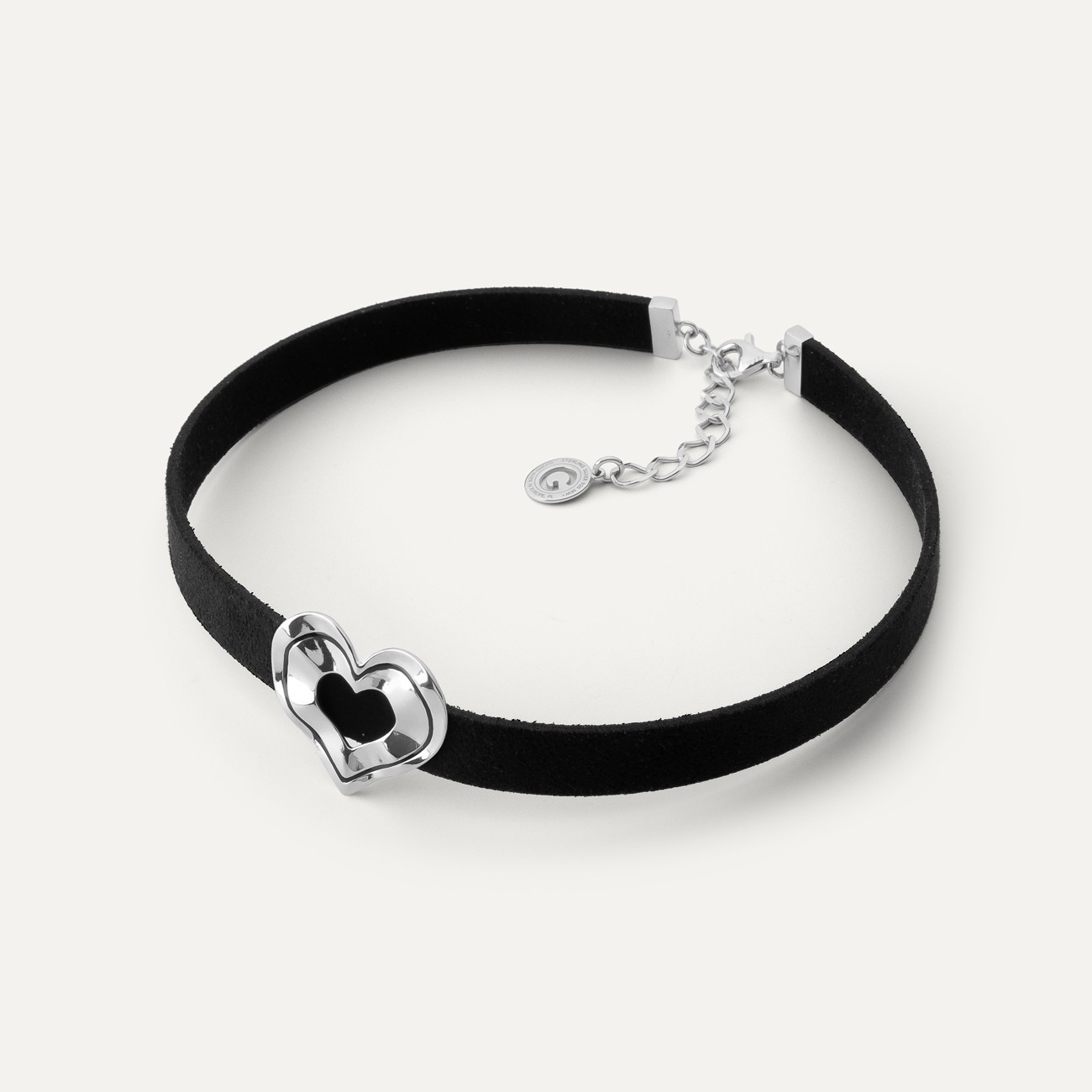 Black resin heart choker necklace, sterling silver 925, platinum plated
