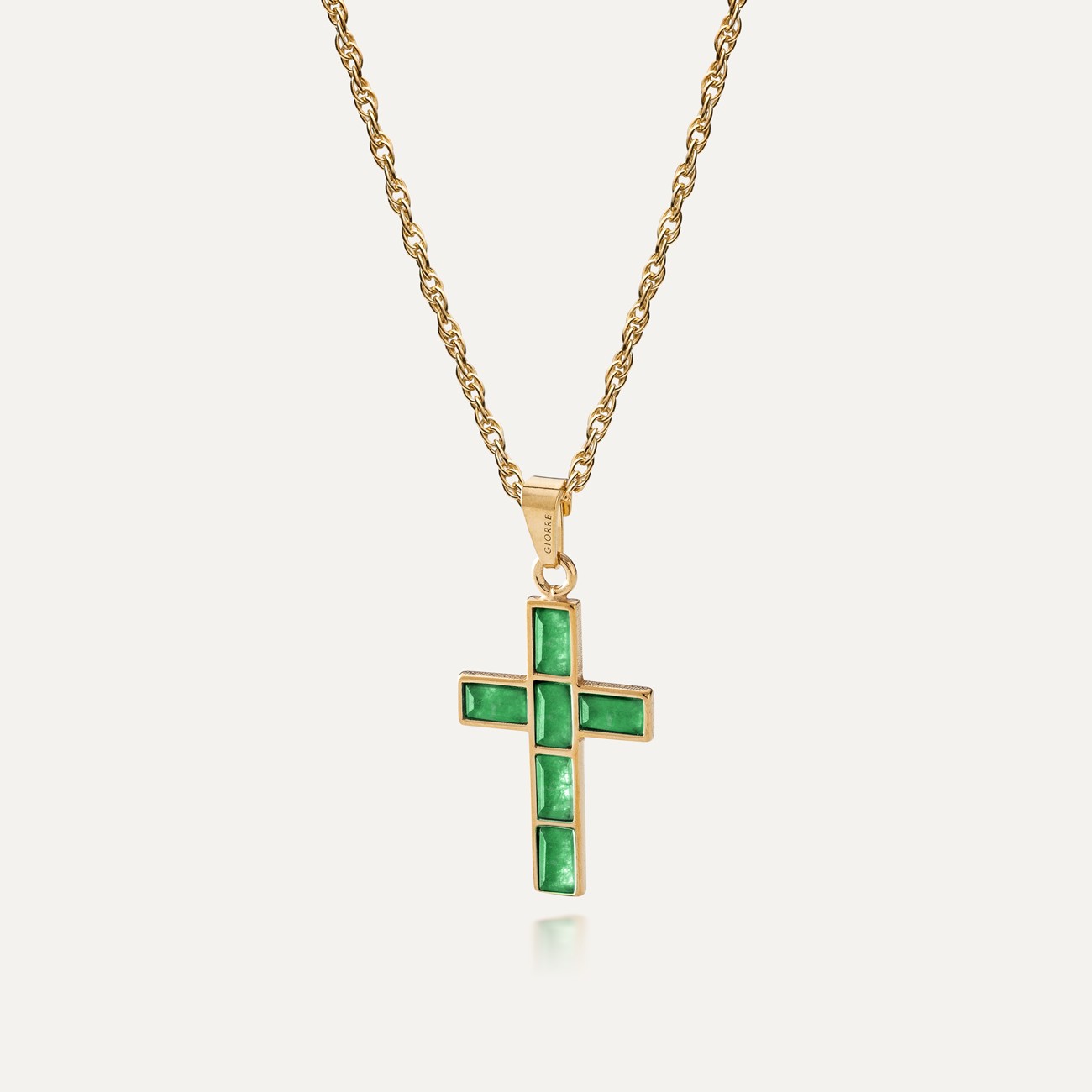 Cross necklace with stones - green jade, silver 925 gold plated