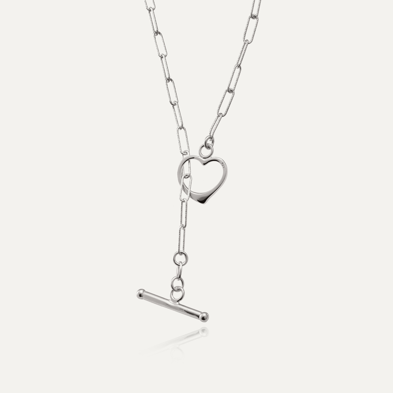 Toggle Clasp Heart Necklace, Sterling Silver 925 Plated with Platinum