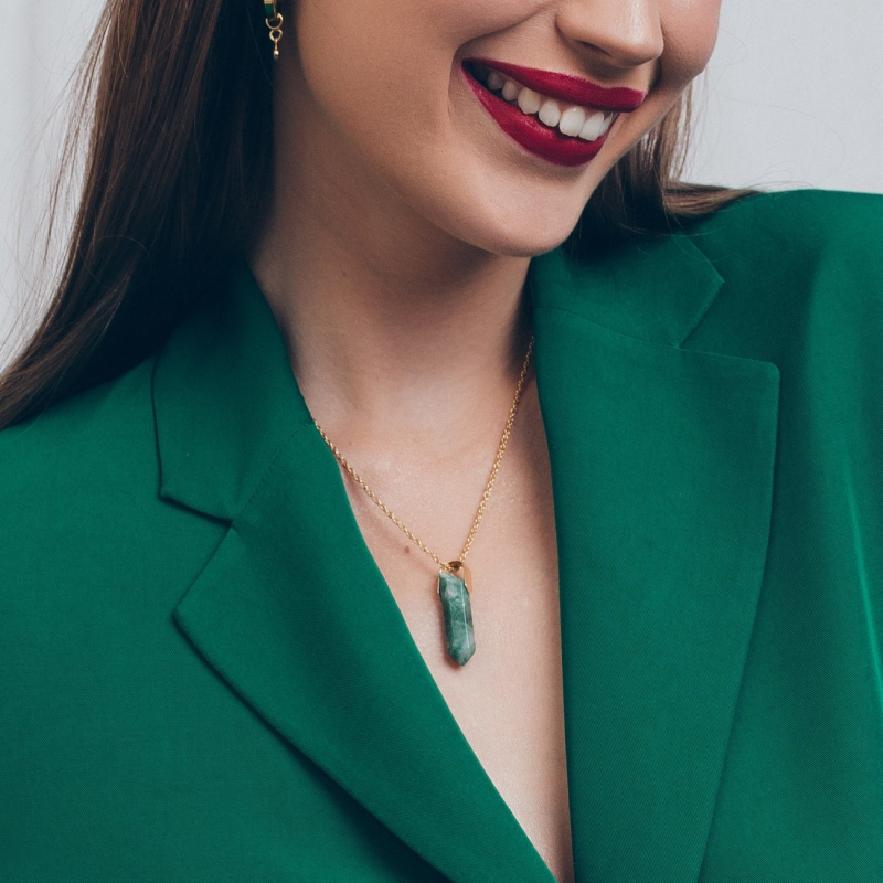 Silver necklace - icicle, green aventurine gold plated                                    