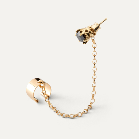 Earring with chain & 6 mm black diamond, silver 925 gold plated