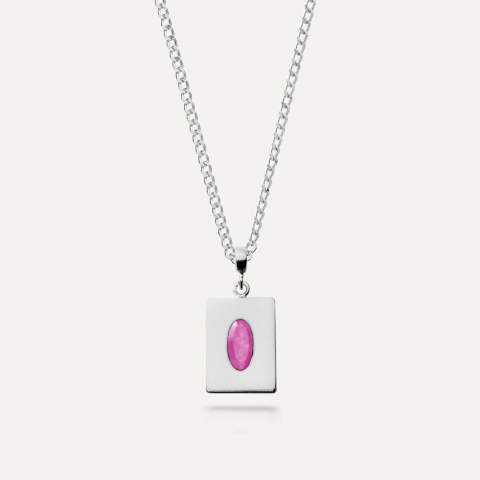 Silver necklace with oval stone - pink jade platinum plated