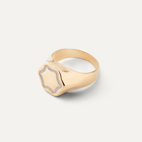 Silver flower signet ring with white resin, 925 silver in gold plating