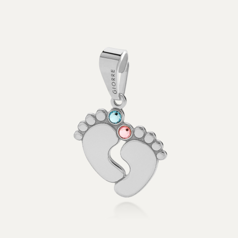 Zawieszka stópki dziecka z grawerem - Rose & Aquamarine, srebro 925 w pokryciu platyną