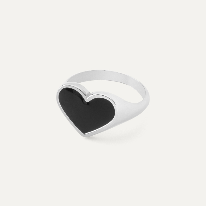 Silver heart signet ring with black resin, 925 silver platinum plated