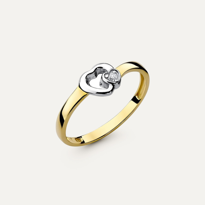 Gold ring with two diamond hearts - Love, gold 585 yellow